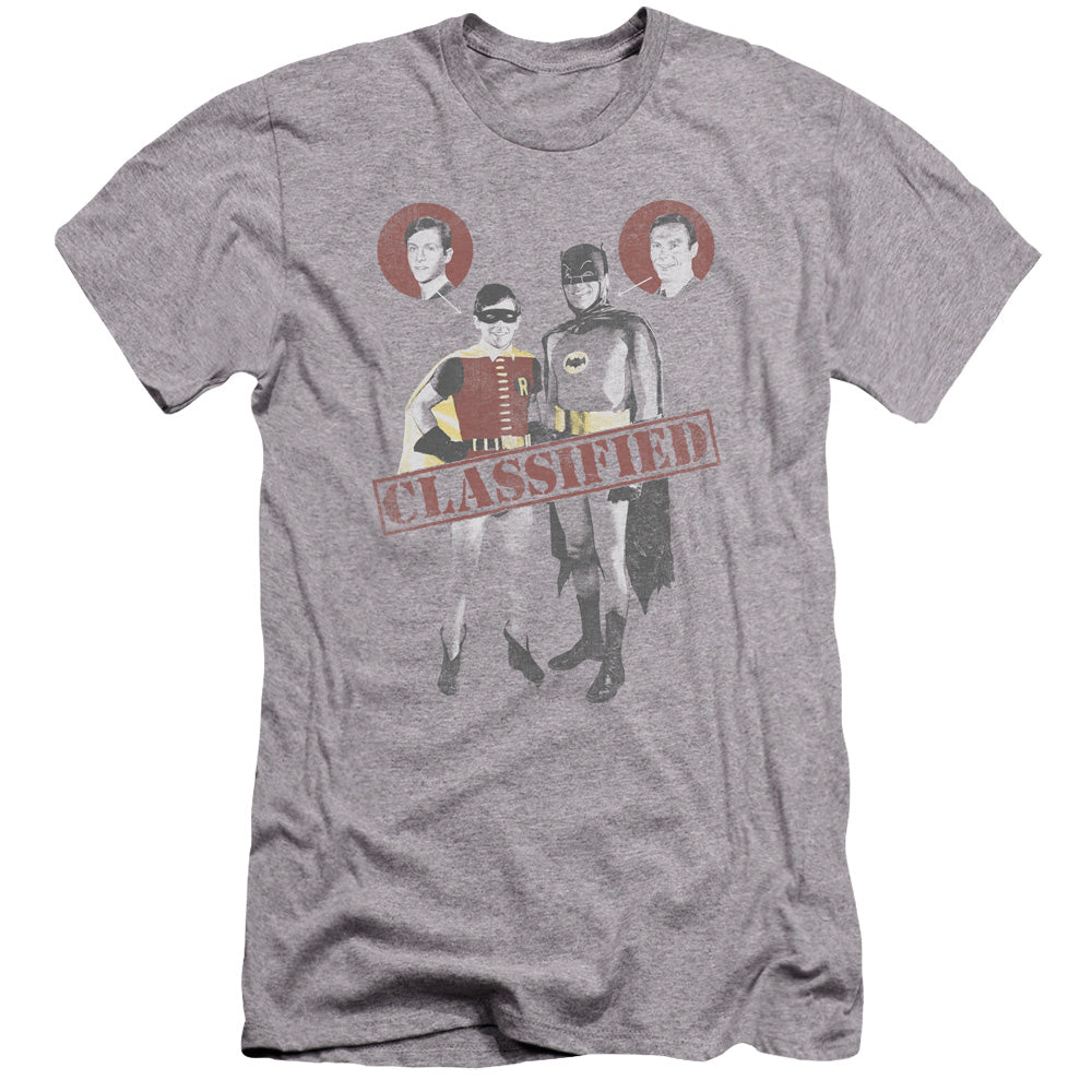 AN OFFCIALLY LICENSED BATMAN CLASSIC TV CLASSIFIED MEN'S PREMIUM SLIM FIT T-SHIRT ATHLETIC HEATHER
