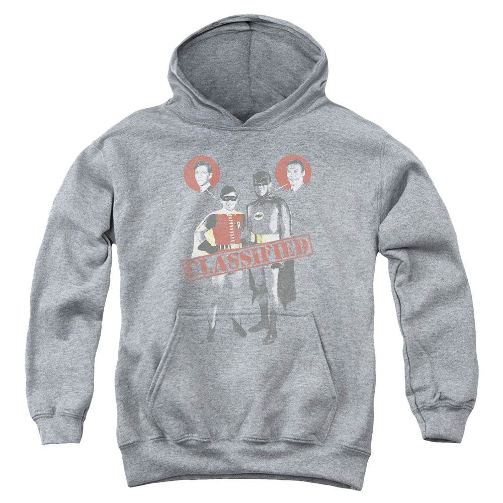 AN OFFCIALLY LICENSED BATMAN CLASSIC TV CLASSIFIED YOUTH HOODIE ATHLETIC HEATHER