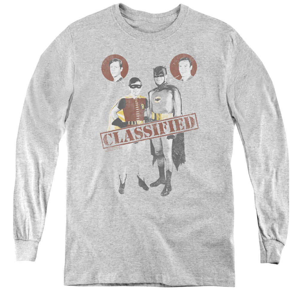 AN OFFCIALLY LICENSED BATMAN CLASSIC TV CLASSIFIED YOUTH LONG SLEEVE T-SHIRT ATHLETIC HEATHER
