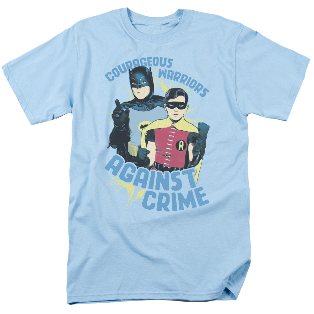 AN OFFCIALLY LICENSED BATMAN CLASSIC TV COURAGEOUS WARRIORS MEN'S REGULAR FIT T-SHIRT LIGHT BLUE