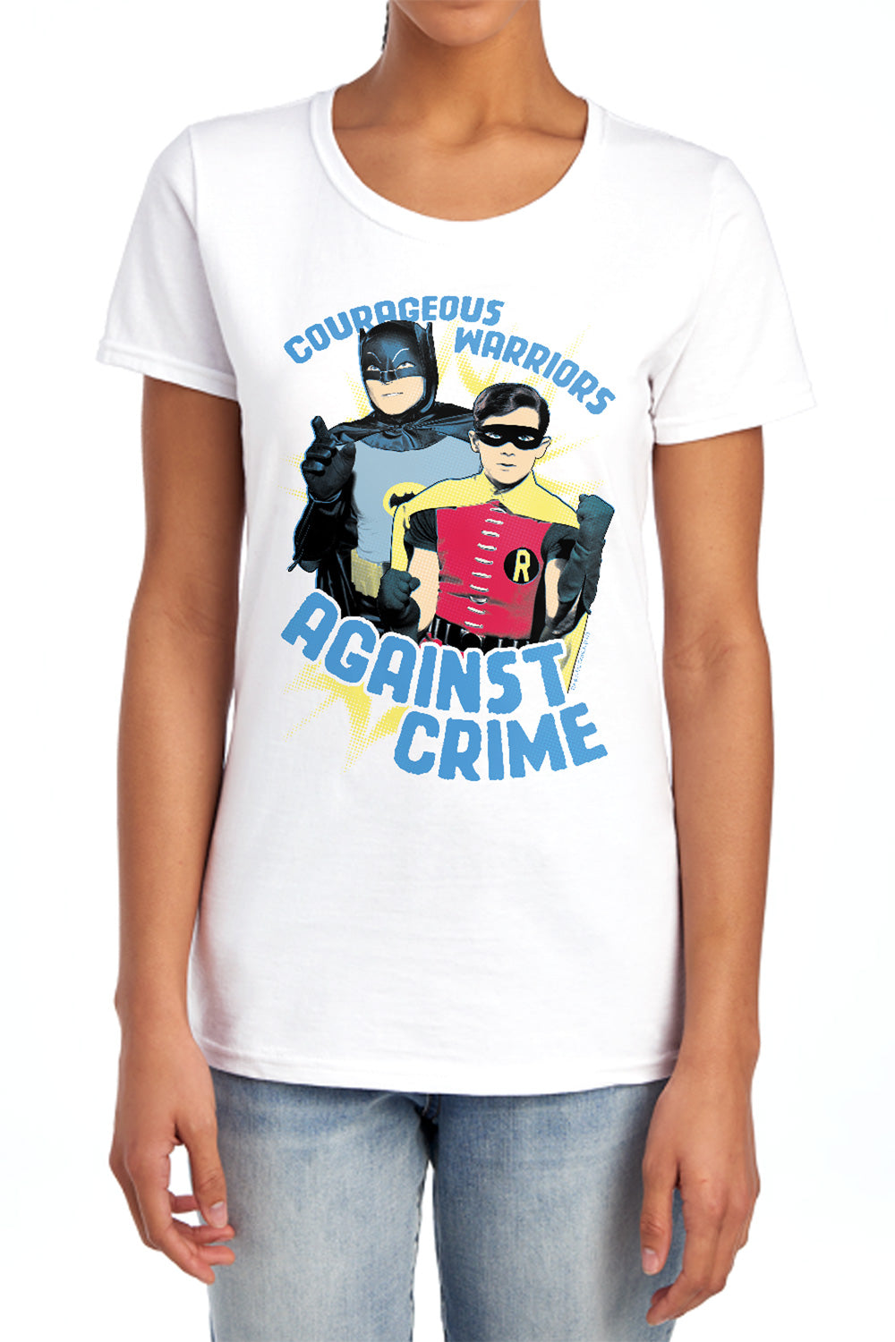 AN OFFCIALLY LICENSED BATMAN CLASSIC TV COURAGEOUS WARRIORS WOMEN'S REGULAR FIT T-SHIRT LIGHT BLUE