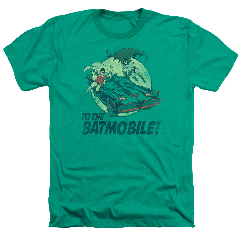 AN OFFCIALLY LICENSED BATMAN CLASSIC TV TO THE BATMOBILE MEN'S HEATHER T-SHIRT KELLY GREEN