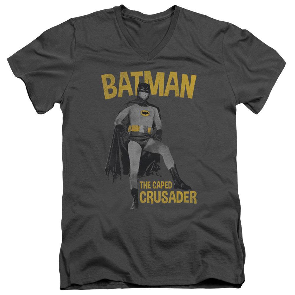 AN OFFCIALLY LICENSED BATMAN CLASSIC TV CAPED CRUSADER MEN'S V-NECK T-SHIRT CHARCOAL