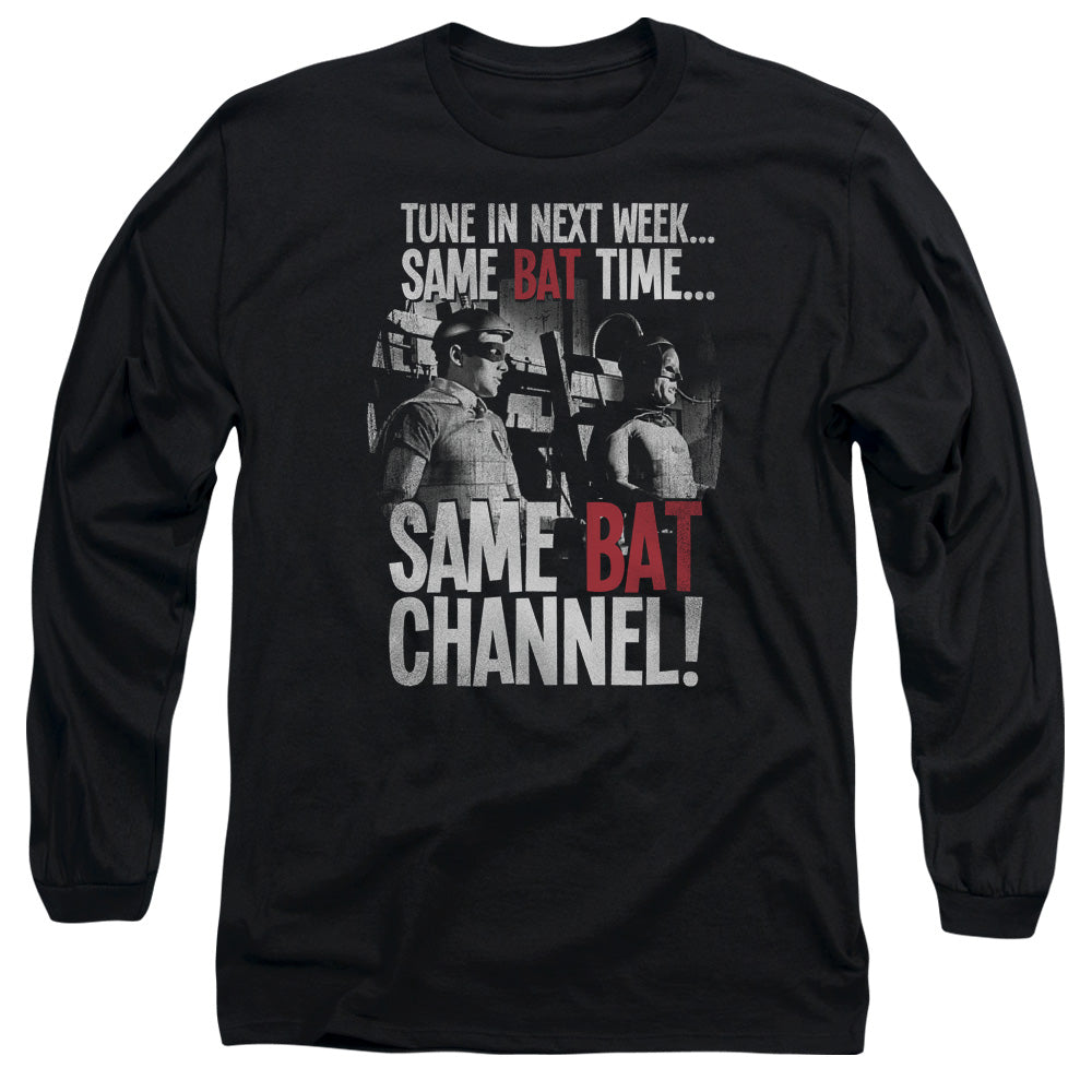 AN OFFCIALLY LICENSED BATMAN CLASSIC TV BAT CHANNEL MEN'S LONG SLEEVE T-SHIRT BLACK
