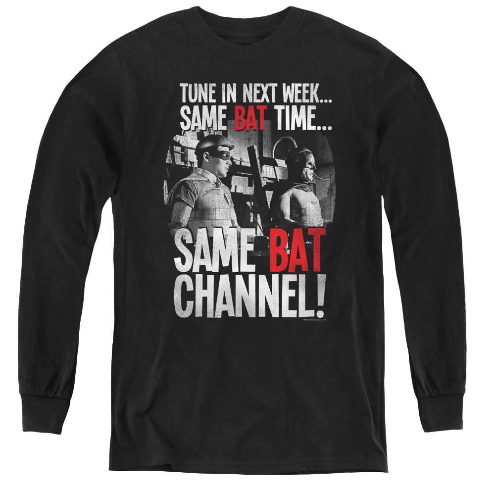 AN OFFCIALLY LICENSED BATMAN CLASSIC TV BAT CHANNEL YOUTH LONG SLEEVE T-SHIRT BLACK