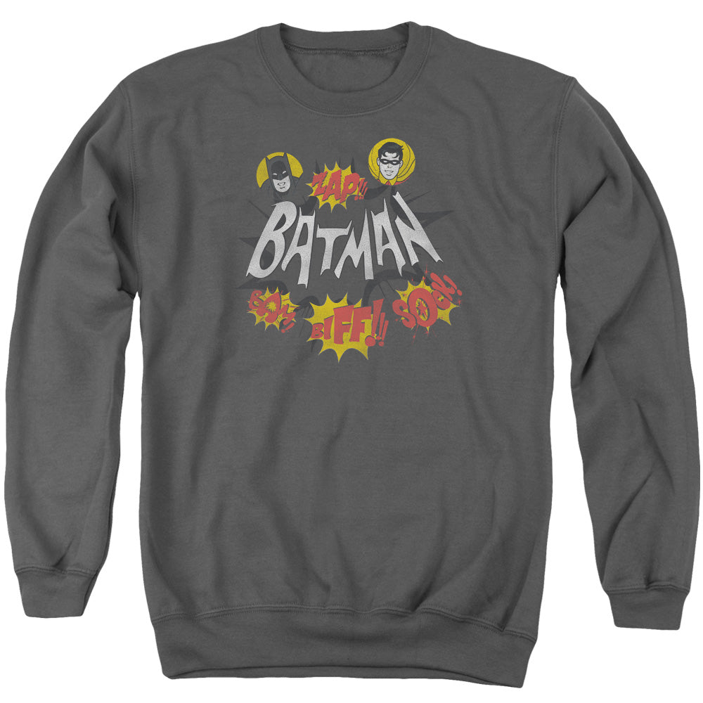 AN OFFCIALLY LICENSED BATMAN CLASSIC TV SOUND EFFECTS ADULT UNISEX CREWNECK SWEATSHIRT CHARCOAL