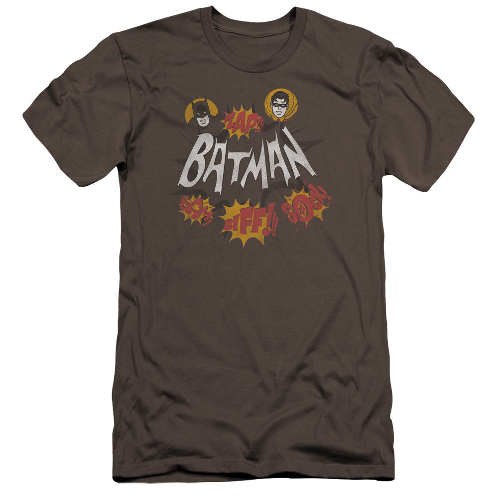 AN OFFCIALLY LICENSED BATMAN CLASSIC TV SOUND EFFECTS MEN'S PREMIUM SLIM FIT T-SHIRT CHARCOAL