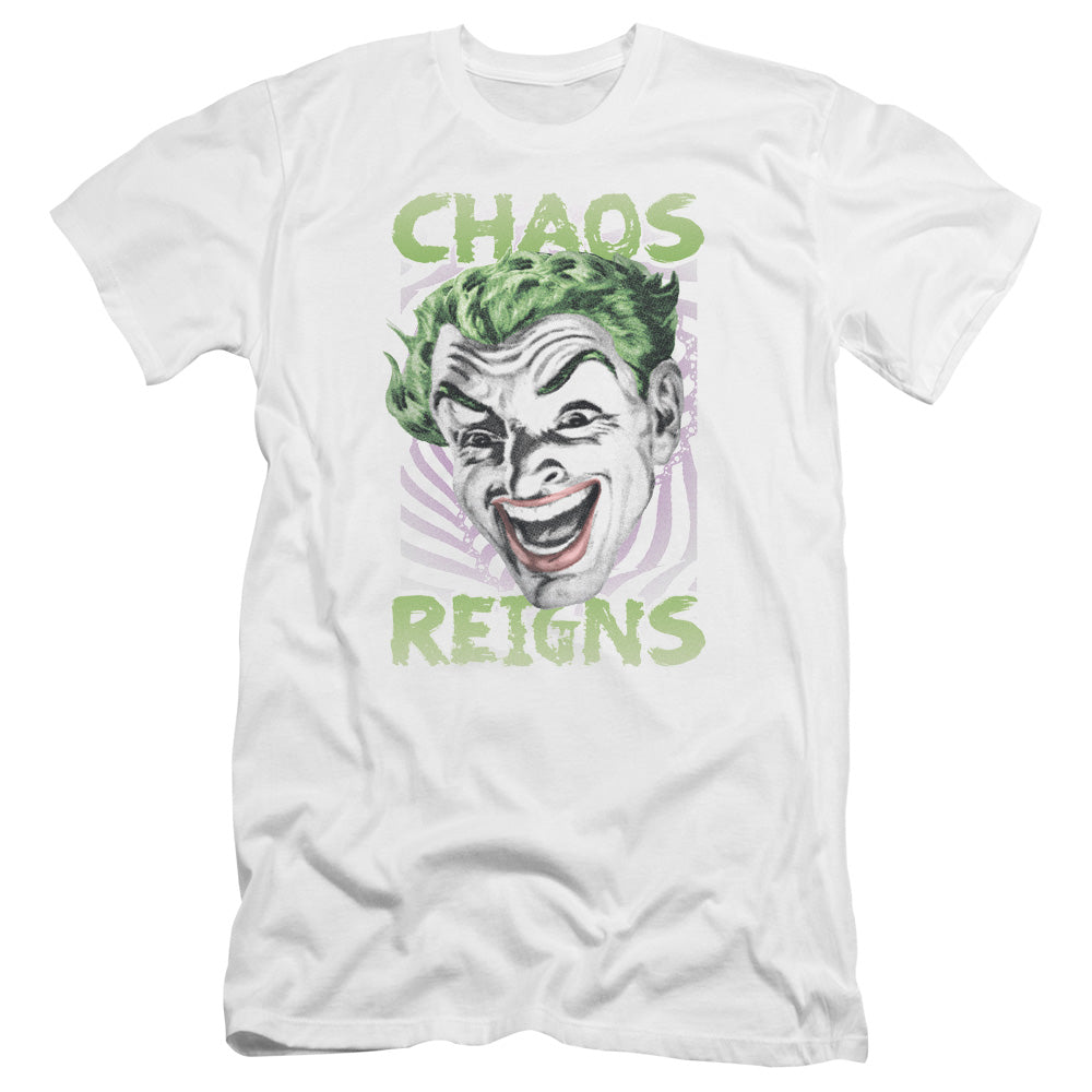 AN OFFCIALLY LICENSED BATMAN CLASSIC TV CHAOS REIGNS MEN'S PREMIUM SLIM FIT T-SHIRT WHITE