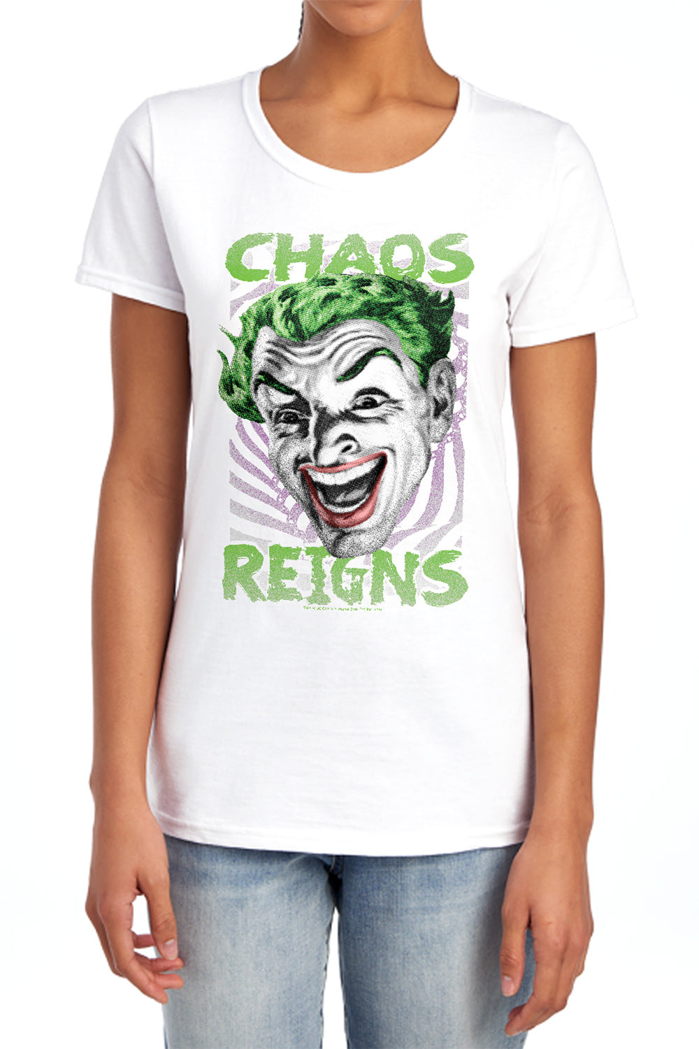 AN OFFCIALLY LICENSED BATMAN CLASSIC TV CHAOS REIGNS WOMEN'S REGULAR FIT T-SHIRT WHITE