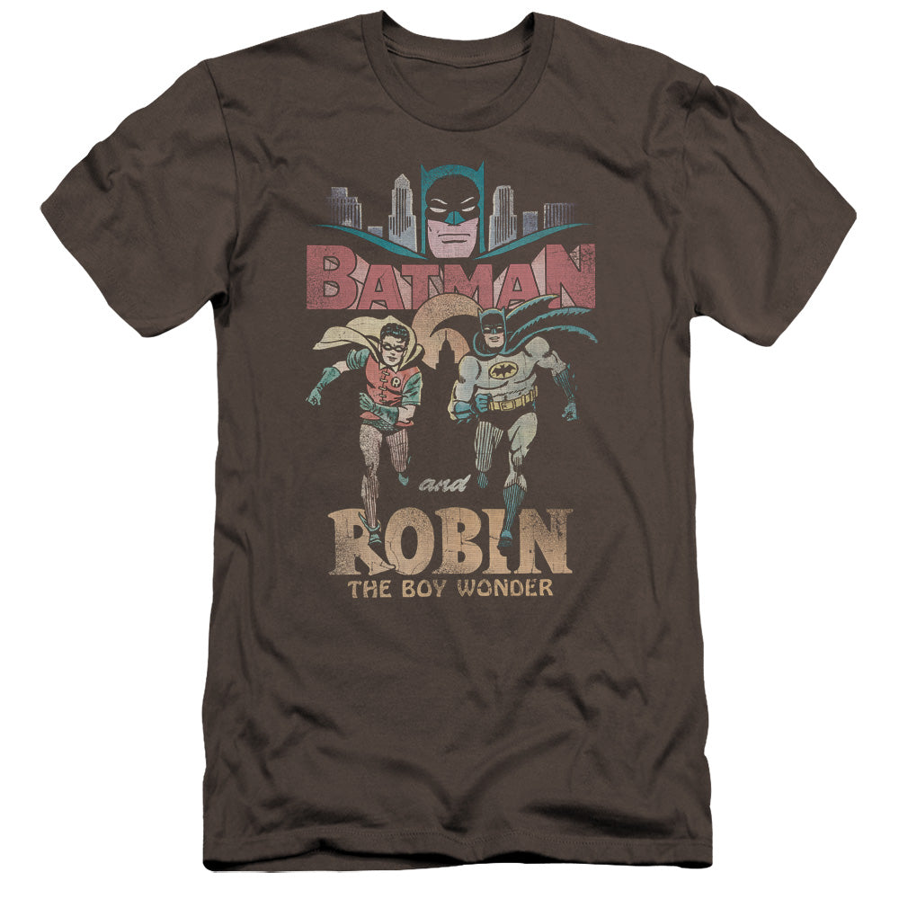 AN OFFCIALLY LICENSED BATMAN CLASSIC TV CLASSIC DUO MEN'S PREMIUM SLIM FIT T-SHIRT CHARCOAL