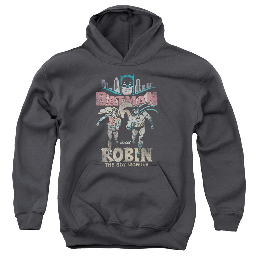 AN OFFCIALLY LICENSED BATMAN CLASSIC TV CLASSIC DUO YOUTH HOODIE CHARCOAL