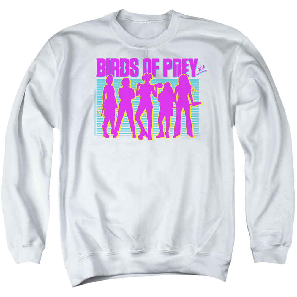 AN OFFCIALLY LICENSED BIRDS OF PREY SILHOUETTES ADULT UNISEX CREWNECK SWEATSHIRT WHITE