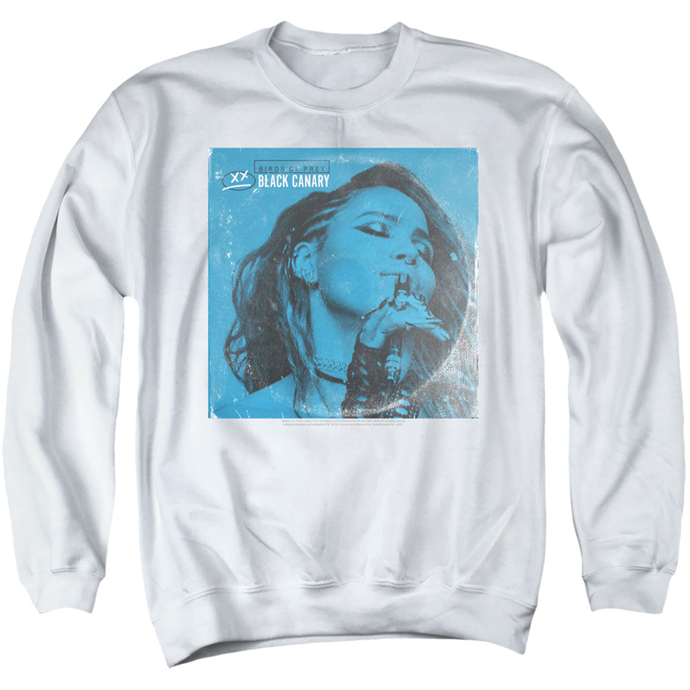 AN OFFCIALLY LICENSED BIRDS OF PREY BLUE CANARY ADULT UNISEX CREWNECK SWEATSHIRT WHITE