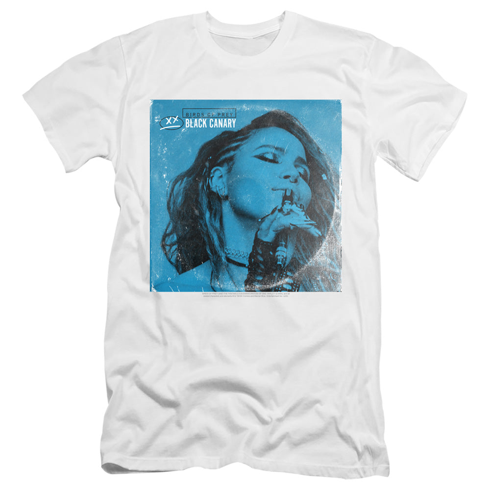 AN OFFCIALLY LICENSED BIRDS OF PREY BLUE CANARY MEN'S PREMIUM SLIM FIT T-SHIRT WHITE