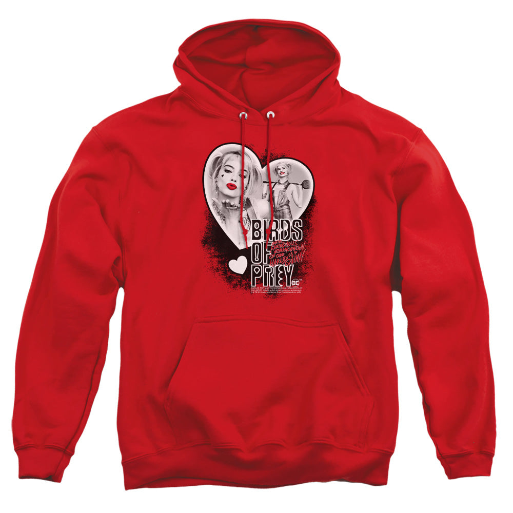 AN OFFCIALLY LICENSED BIRDS OF PREY HEART HARLEY ADULT UNISEX PULLOVER HOODIE RED