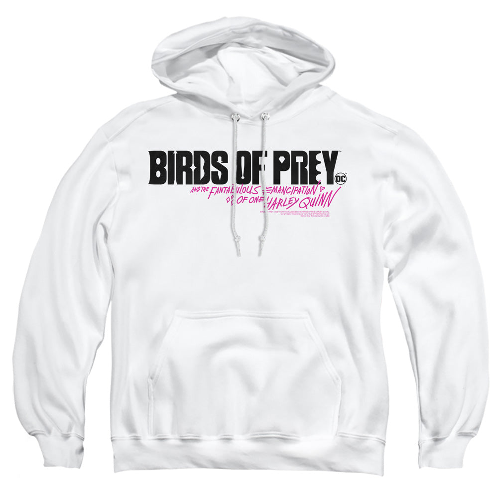 AN OFFCIALLY LICENSED BIRDS OF PREY HORIZONTAL LOGO ADULT UNISEX PULLOVER HOODIE WHITE