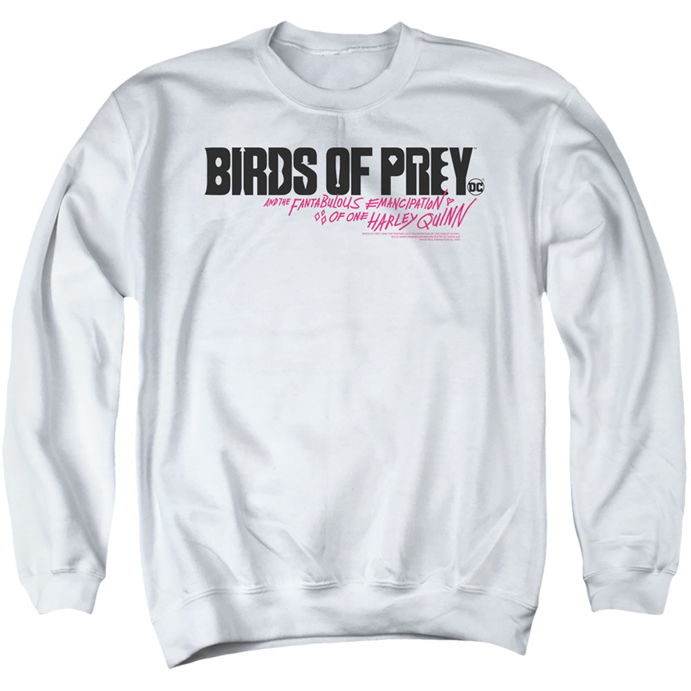 AN OFFCIALLY LICENSED BIRDS OF PREY HORIZONTAL LOGO ADULT UNISEX CREWNECK SWEATSHIRT WHITE