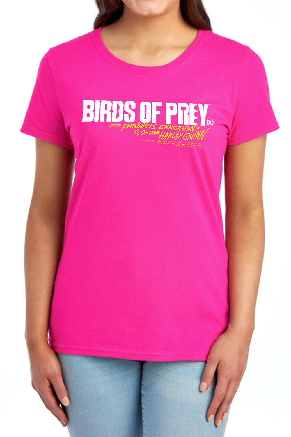 AN OFFCIALLY LICENSED BIRDS OF PREY HORIZONTAL LOGO WOMEN'S REGULAR FIT T-SHIRT HOT PINK