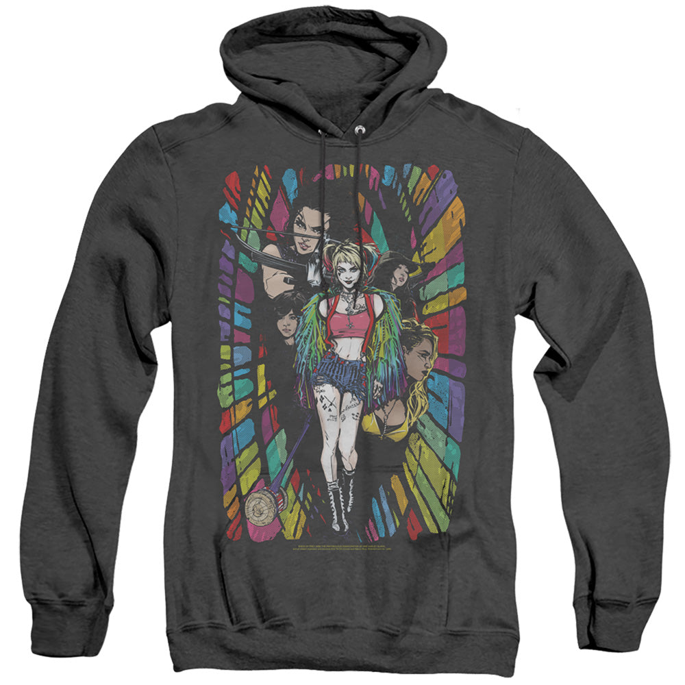 AN OFFCIALLY LICENSED BIRDS OF PREY COLOR CORRIDOR ADULT UNISEX HEATHER PULLOVER HOODIE BLACK