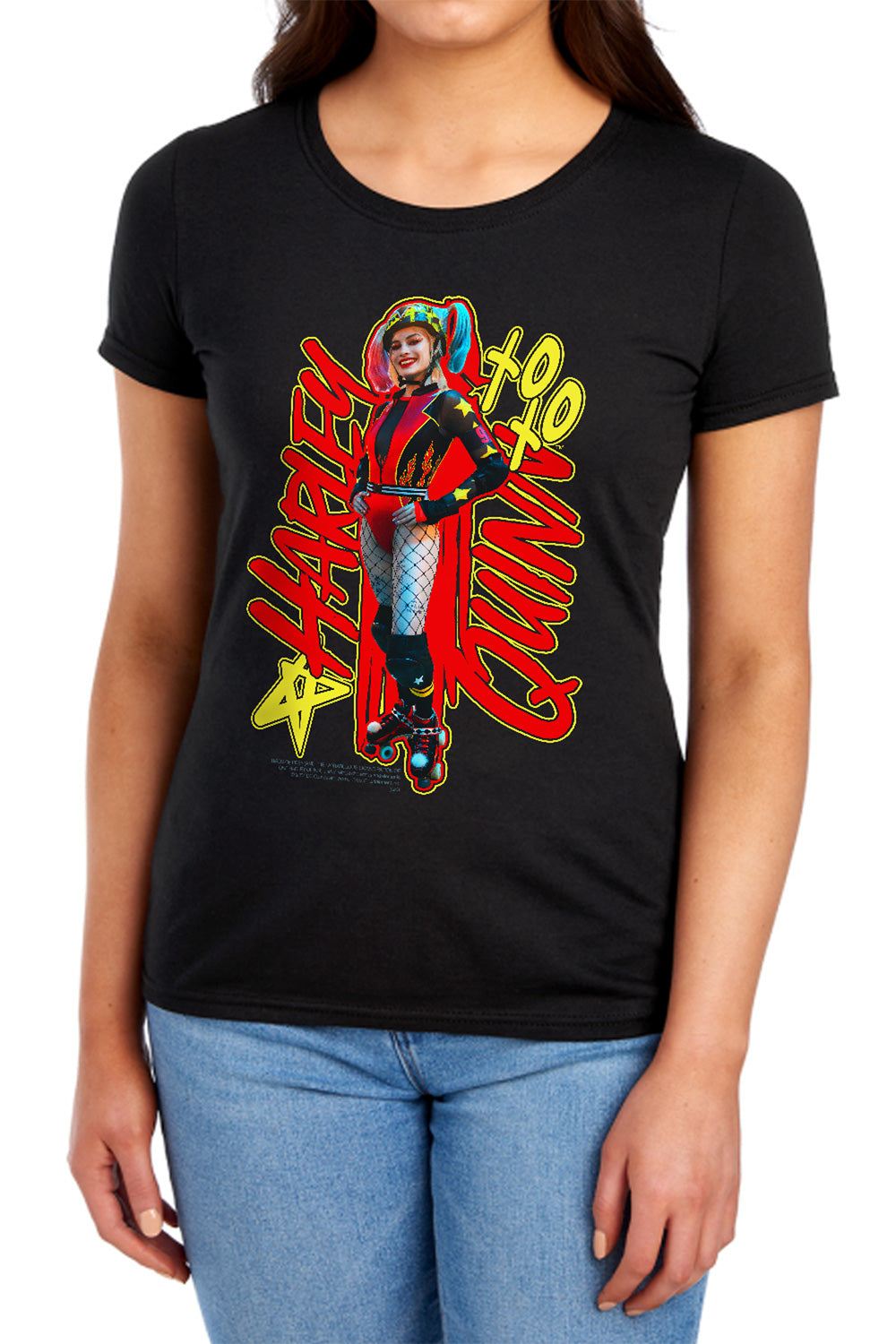AN OFFCIALLY LICENSED BIRDS OF PREY HARLEYMANIA WOMEN'S REGULAR FIT T-SHIRT BLACK