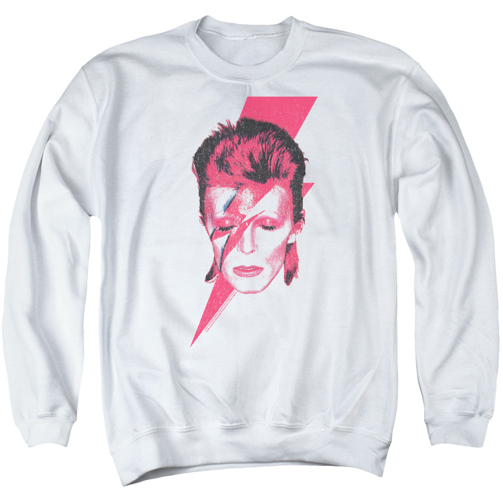 AN OFFCIALLY LICENSED DAVID BOWIE ALADDIN SANE ADULT UNISEX CREWNECK SWEATSHIRT WHITE