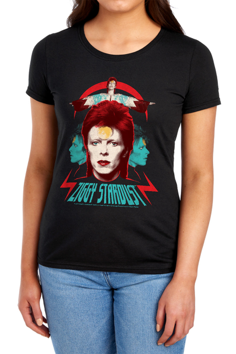 AN OFFCIALLY LICENSED DAVID BOWIE ZIGGY HEADS WOMEN'S REGULAR FIT T-SHIRT BLACK