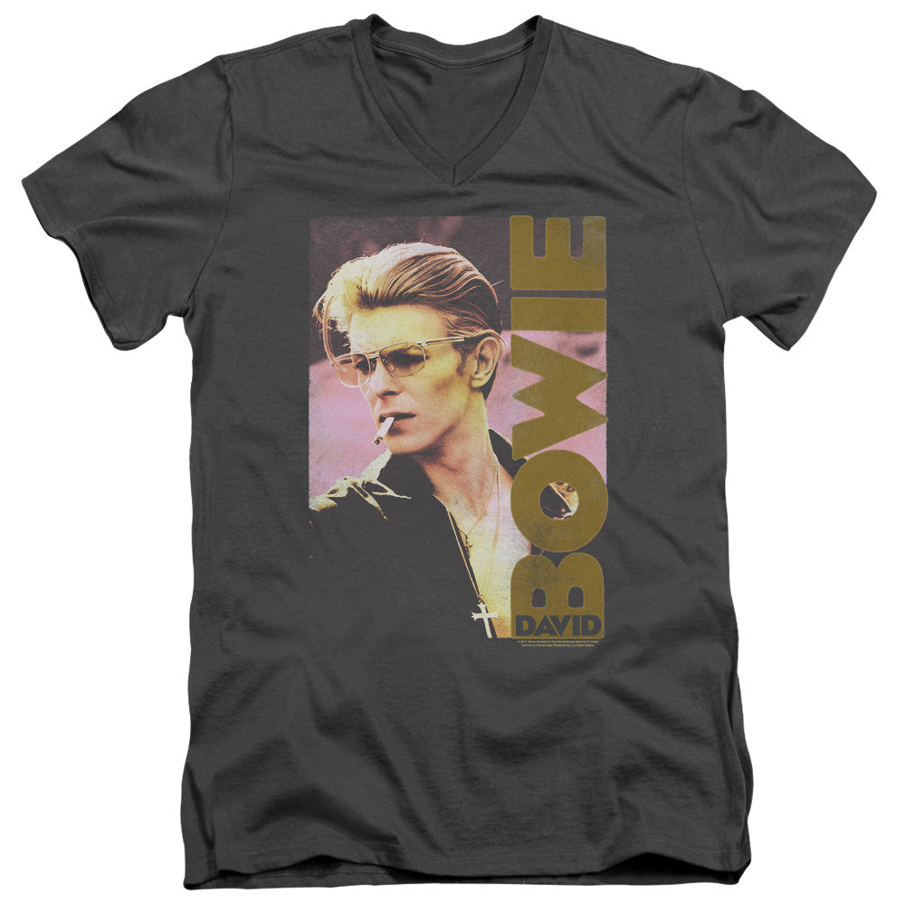 AN OFFCIALLY LICENSED DAVID BOWIE SMOKIN MEN'S V-NECK T-SHIRT CHARCOAL