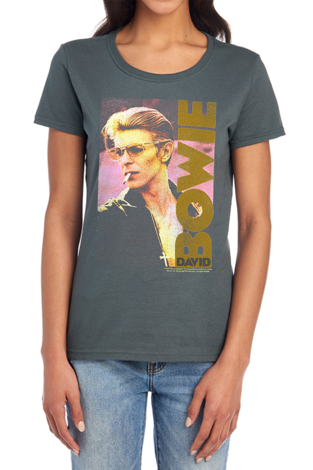 AN OFFCIALLY LICENSED DAVID BOWIE SMOKIN WOMEN'S REGULAR FIT T-SHIRT CHARCOAL