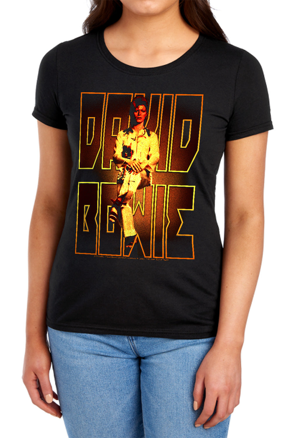 AN OFFCIALLY LICENSED DAVID BOWIE PERCHED WOMEN'S REGULAR FIT T-SHIRT BLACK