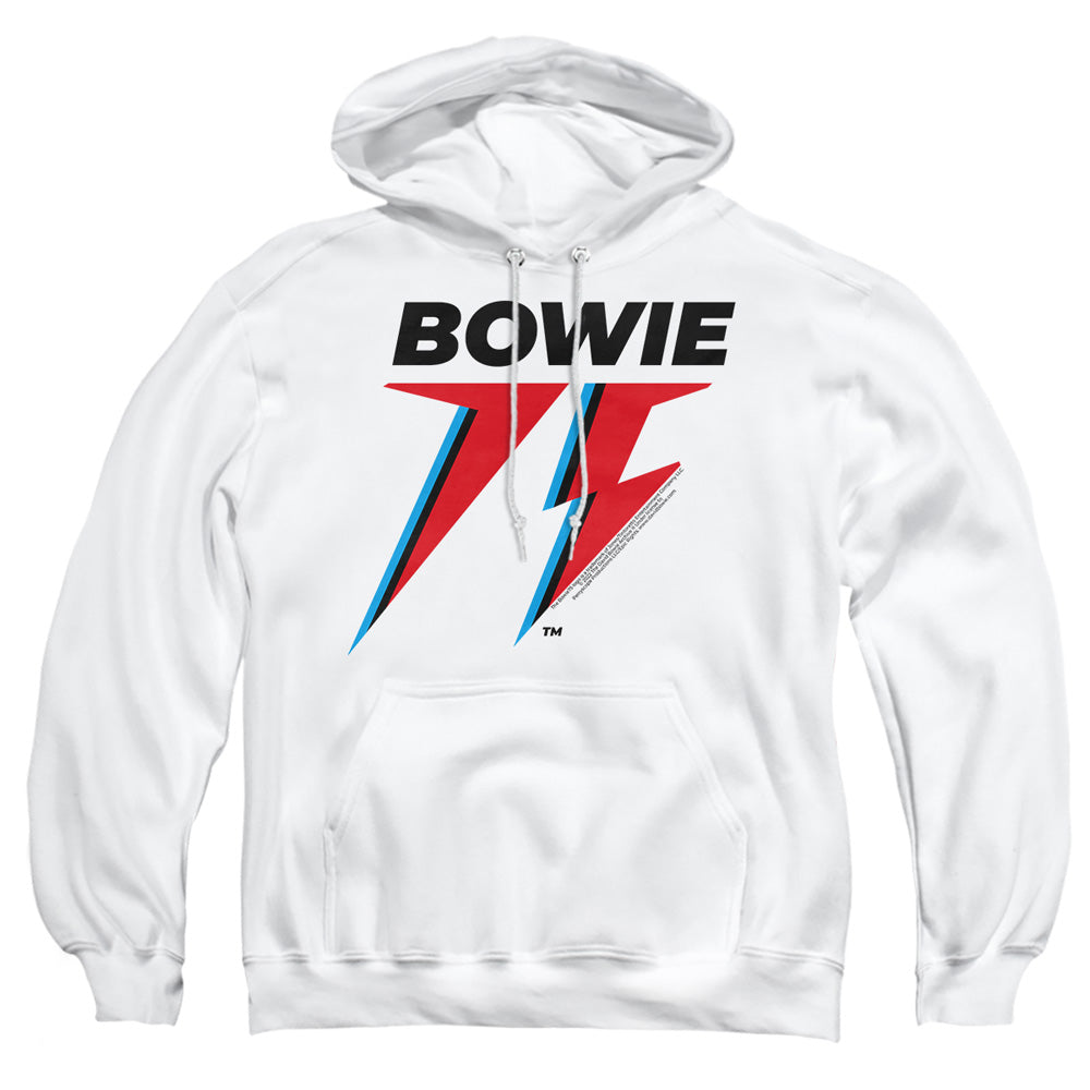 AN OFFCIALLY LICENSED DAVID BOWIE BOWIE 75 LOGO ADULT UNISEX PULLOVER HOODIE WHITE