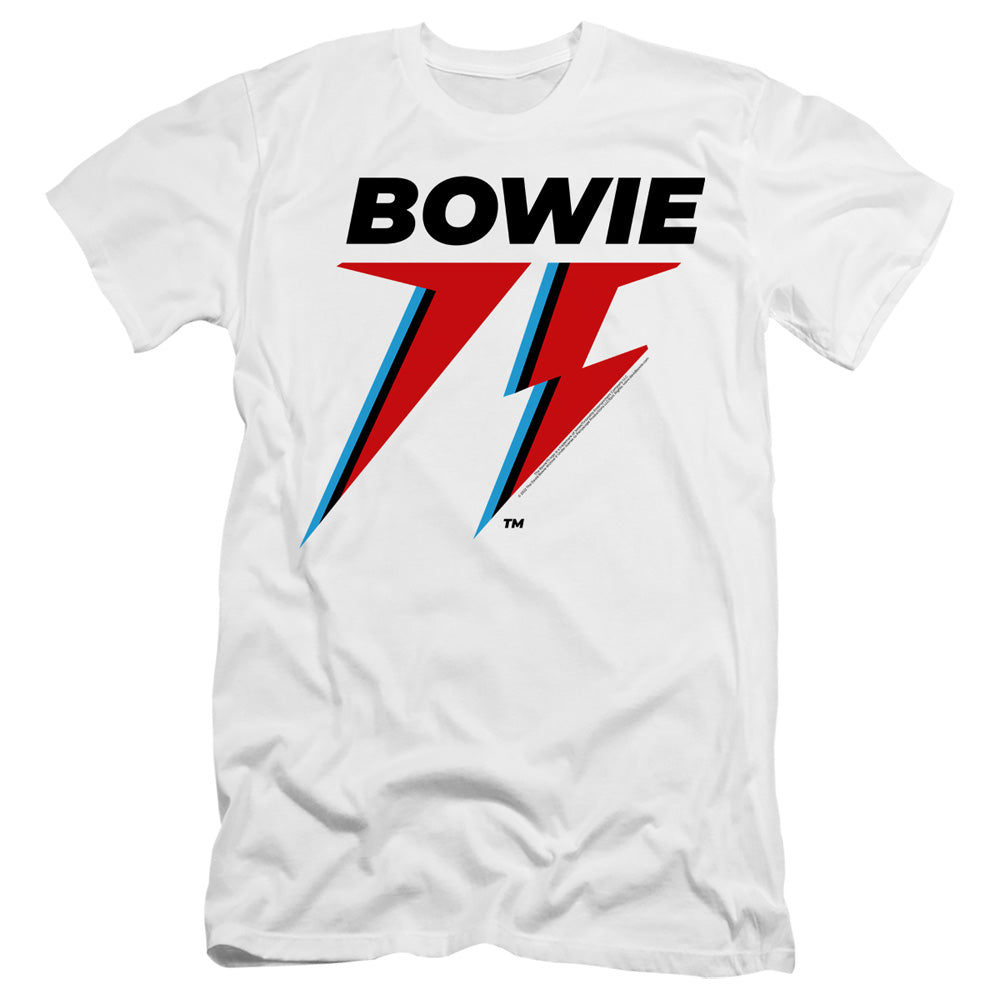 AN OFFCIALLY LICENSED DAVID BOWIE BOWIE 75 LOGO MEN'S PREMIUM SLIM FIT T-SHIRT WHITE