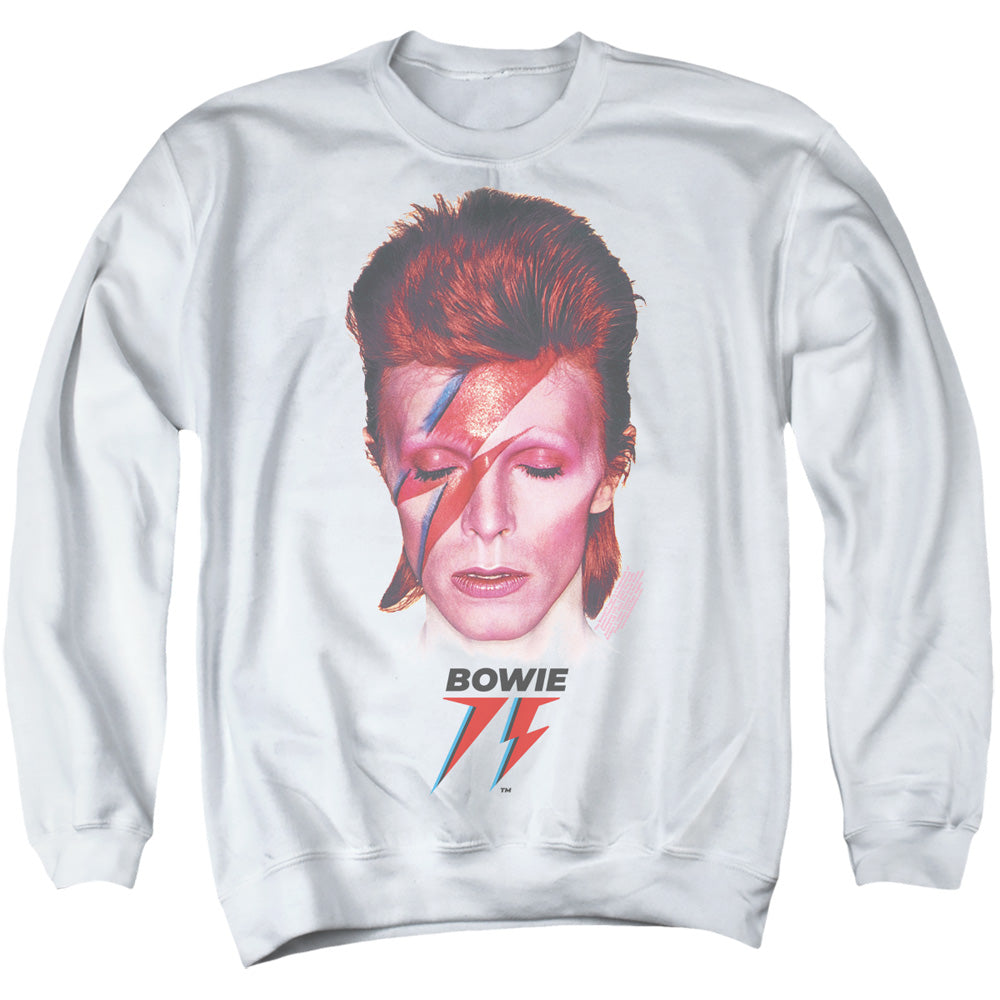 AN OFFCIALLY LICENSED DAVID BOWIE ALADDIN SANE 75 ADULT UNISEX CREWNECK SWEATSHIRT WHITE