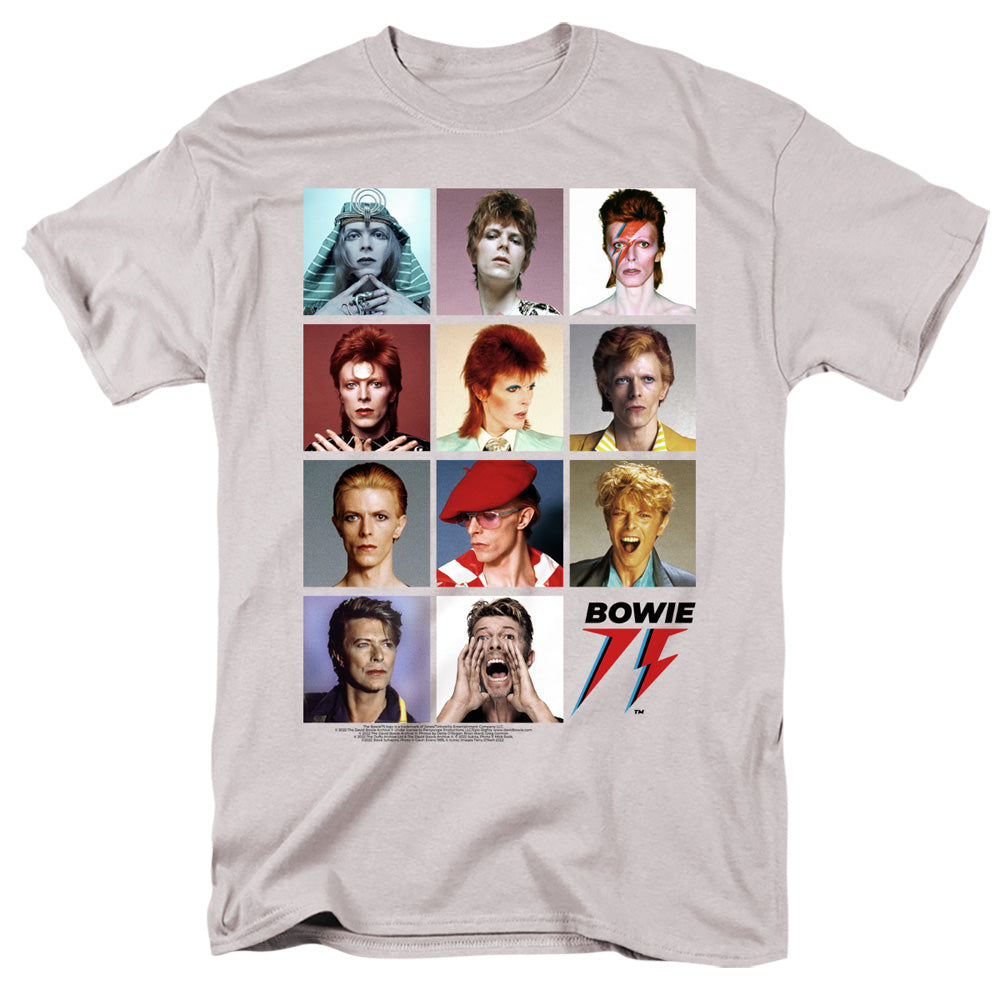 AN OFFCIALLY LICENSED DAVID BOWIE BOWIE THROUGH THE AGES MEN'S REGULAR FIT T-SHIRT SILVER