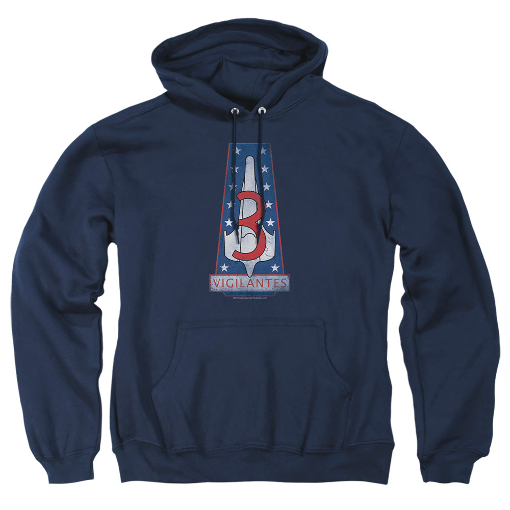 AN OFFCIALLY LICENSED BSG VIGILANTES BADGE ADULT UNISEX PULLOVER HOODIE NAVY