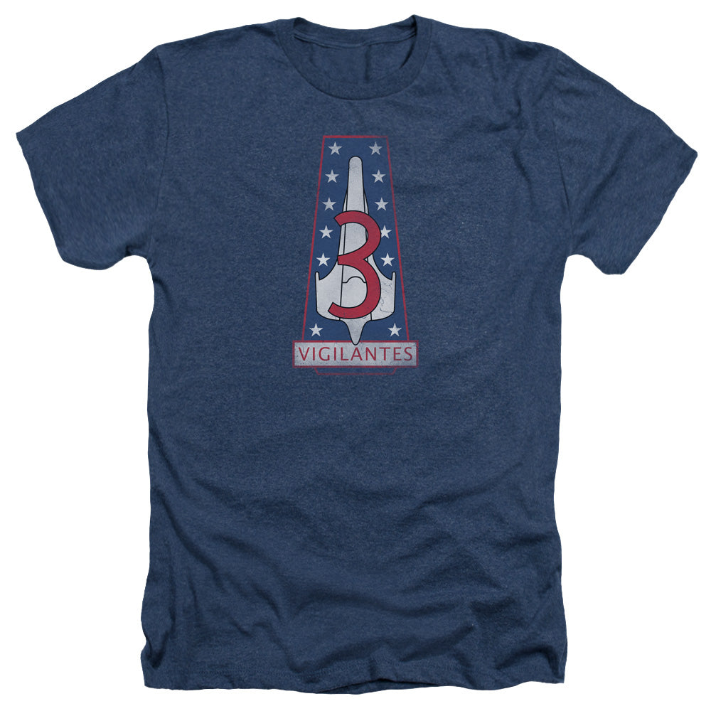 AN OFFCIALLY LICENSED BSG VIGILANTES BADGE MEN'S HEATHER T-SHIRT NAVY