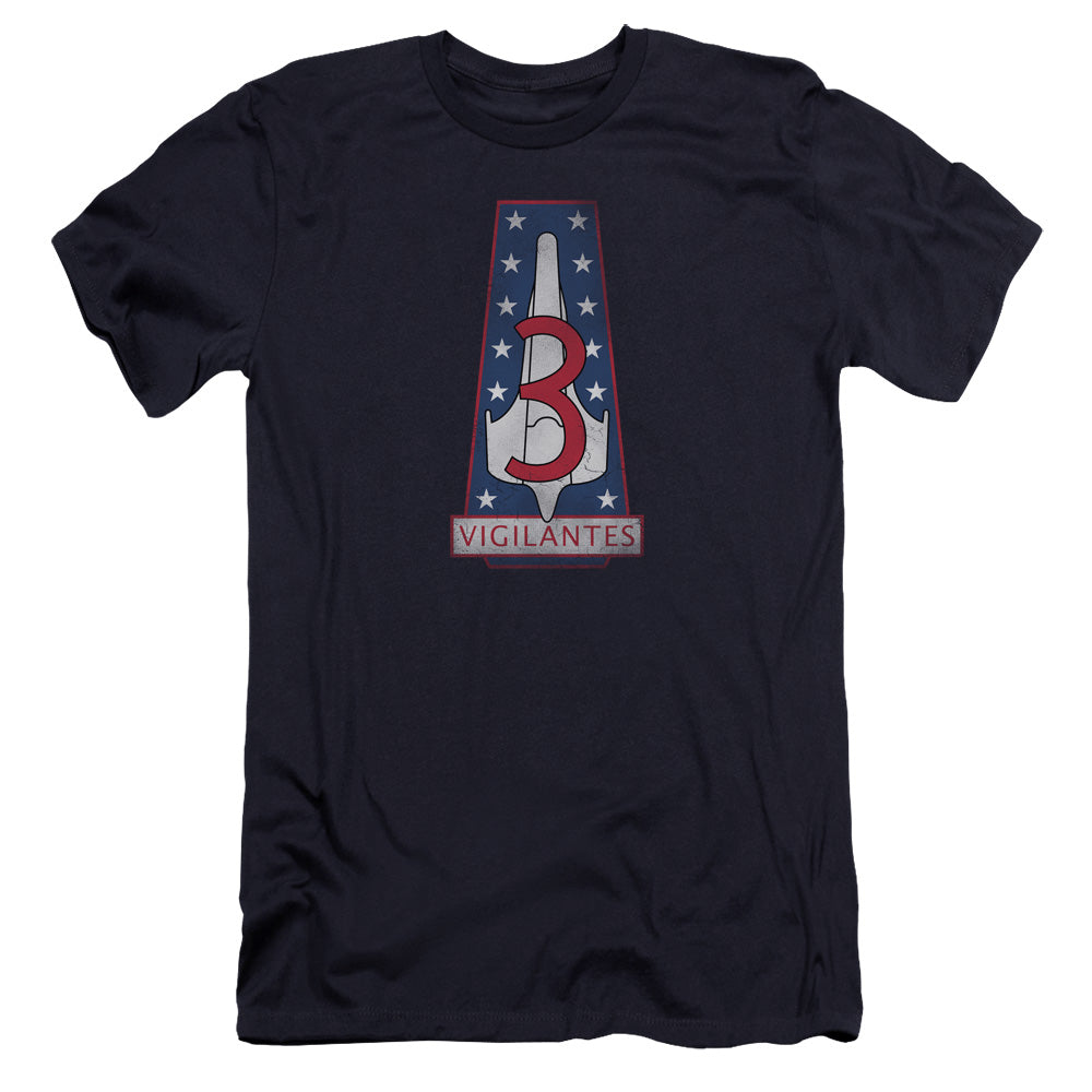 AN OFFCIALLY LICENSED BSG VIGILANTES BADGE MEN'S PREMIUM SLIM FIT T-SHIRT NAVY