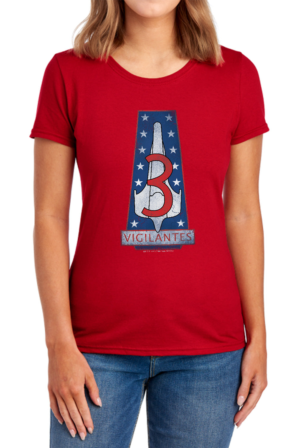 AN OFFCIALLY LICENSED BSG VIGILANTES BADGE WOMEN'S REGULAR FIT T-SHIRT NAVY