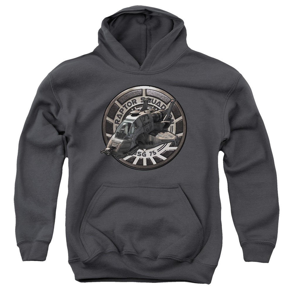 AN OFFCIALLY LICENSED BSG RAPTOR SQUADRON YOUTH HOODIE CHARCOAL
