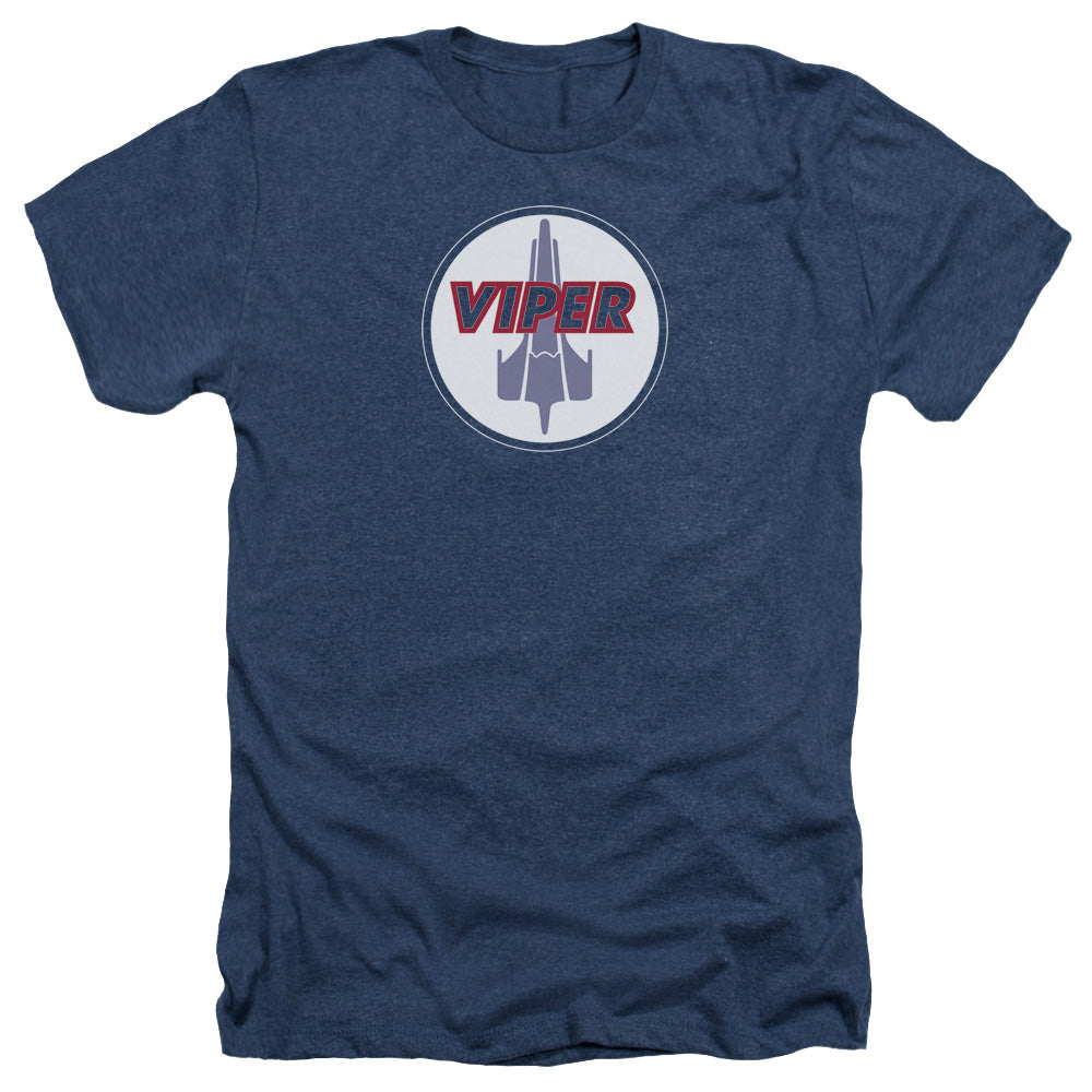 AN OFFCIALLY LICENSED BSG VIPER BADGE MEN'S HEATHER T-SHIRT NAVY