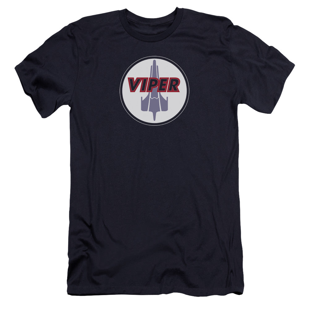 AN OFFCIALLY LICENSED BSG VIPER BADGE MEN'S PREMIUM SLIM FIT T-SHIRT NAVY
