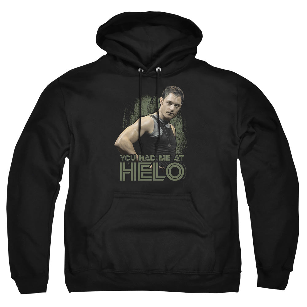 AN OFFCIALLY LICENSED BSG HAD ME AT HELO ADULT UNISEX PULLOVER HOODIE BLACK
