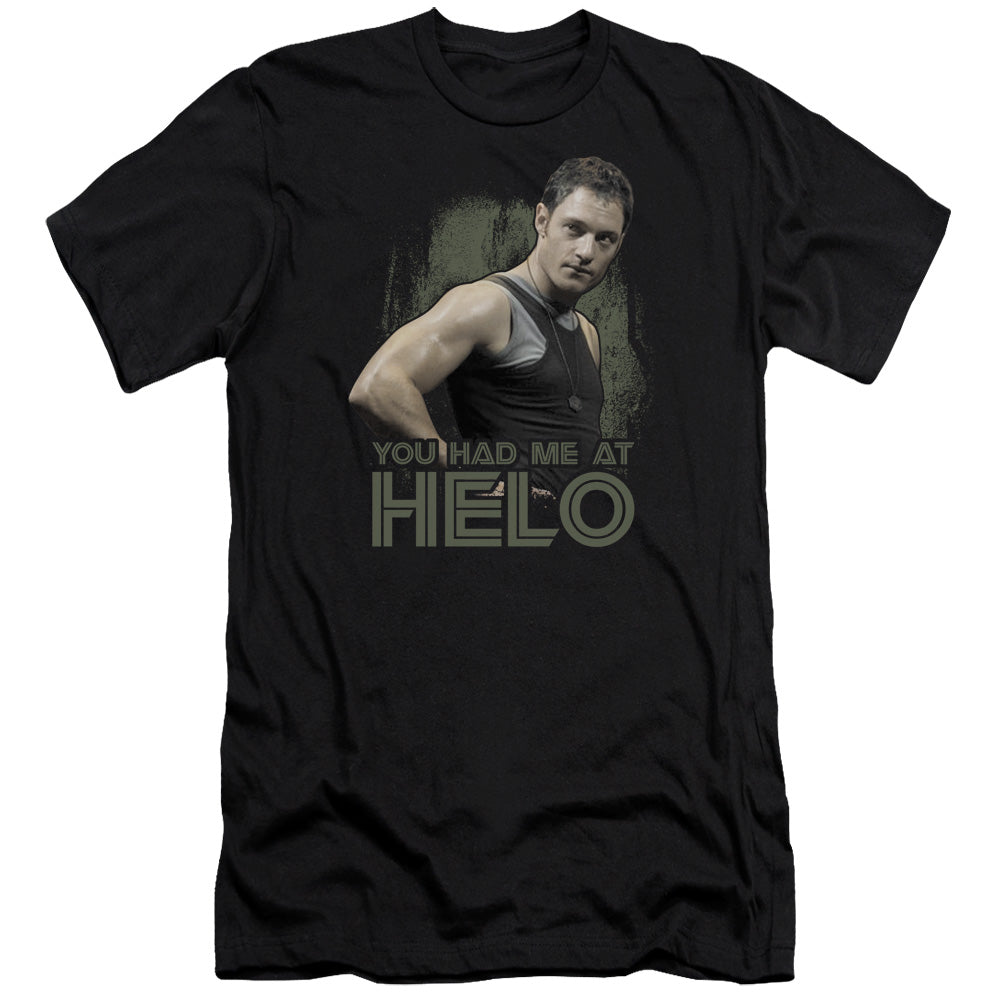 AN OFFCIALLY LICENSED BSG HAD ME AT HELO MEN'S PREMIUM SLIM FIT T-SHIRT BLACK