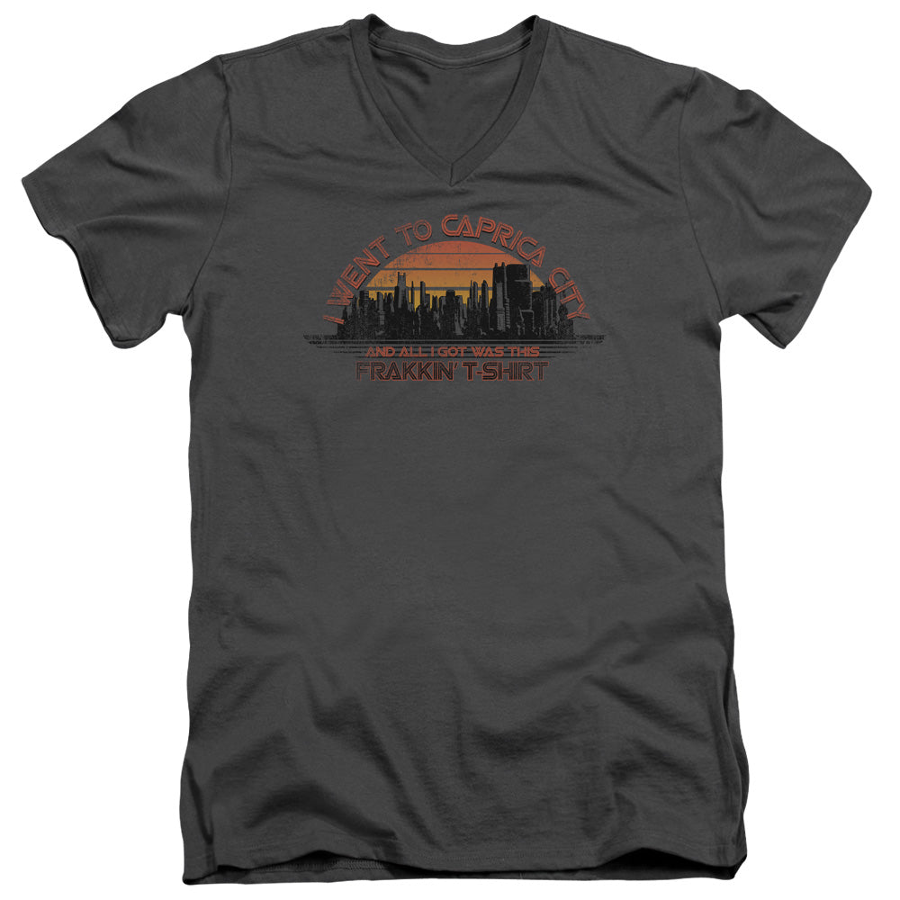 AN OFFCIALLY LICENSED BSG CAPRICA CITY MEN'S V-NECK T-SHIRT CHARCOAL