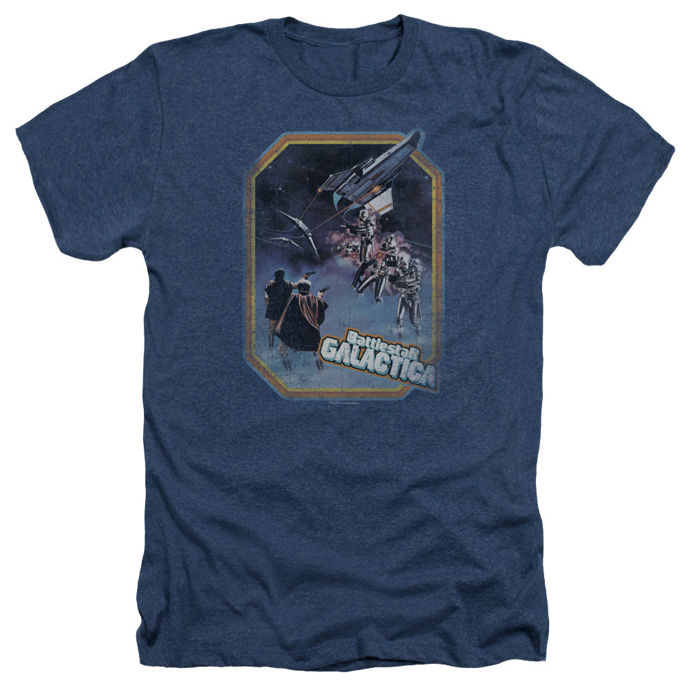 AN OFFCIALLY LICENSED BSG POSTER IRON ON MEN'S HEATHER T-SHIRT NAVY