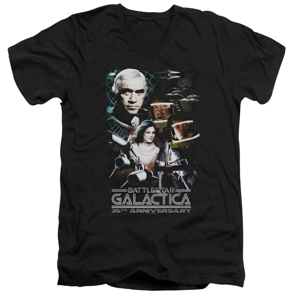AN OFFCIALLY LICENSED BSG 35TH ANNIVERSARY COLLAGE MEN'S V-NECK T-SHIRT BLACK