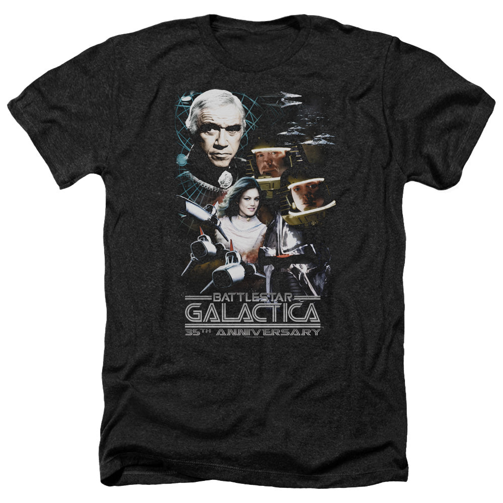 AN OFFCIALLY LICENSED BSG 35TH ANNIVERSARY COLLAGE MEN'S HEATHER T-SHIRT CHARCOAL
