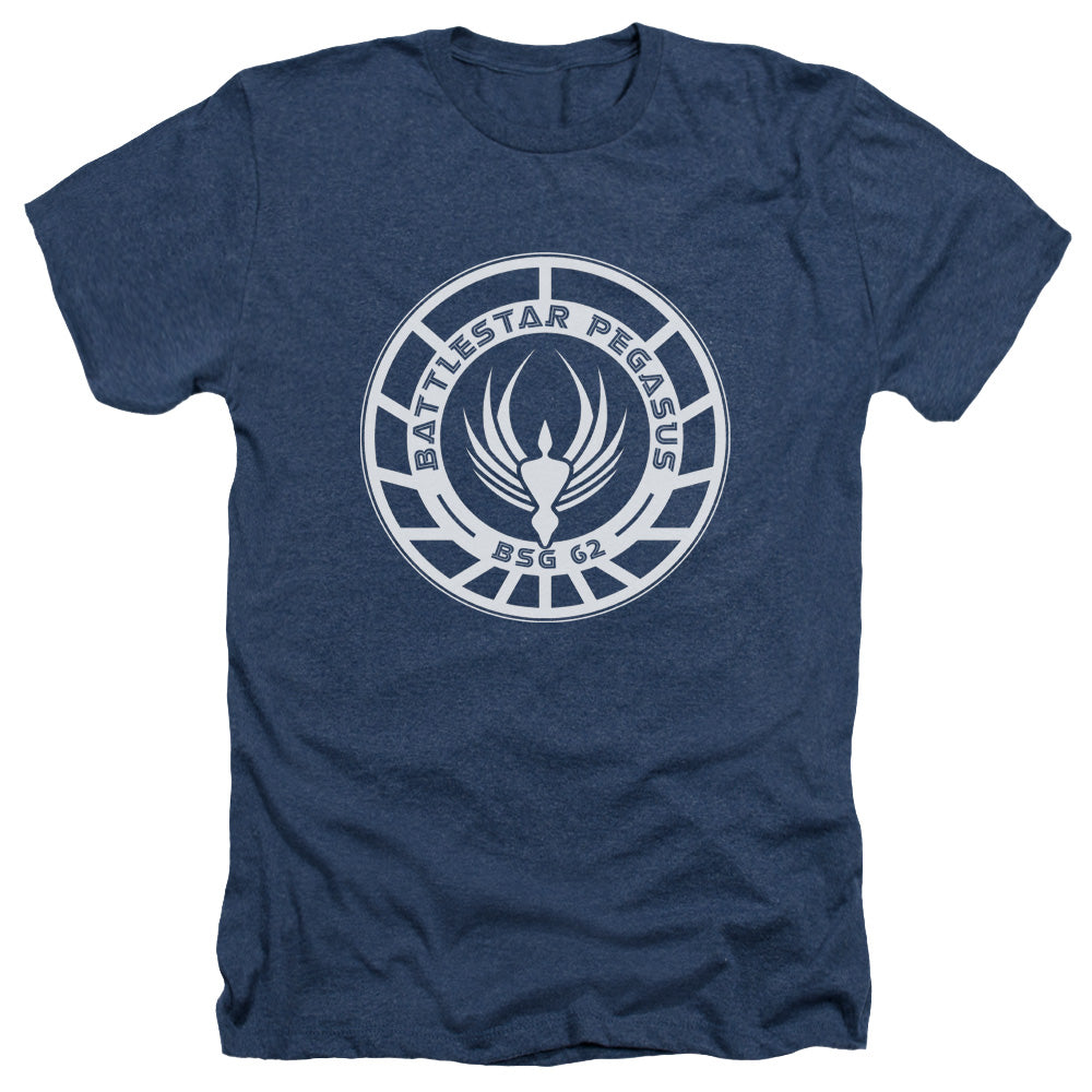 AN OFFCIALLY LICENSED BSG PEGASUS BADGE MEN'S HEATHER T-SHIRT NAVY