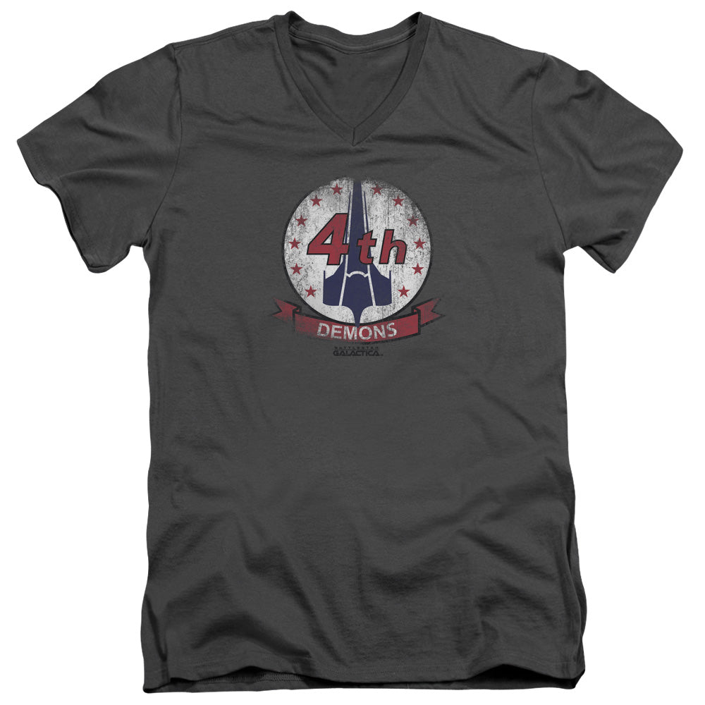AN OFFCIALLY LICENSED BSG DEMONS BADGE MEN'S V-NECK T-SHIRT CHARCOAL