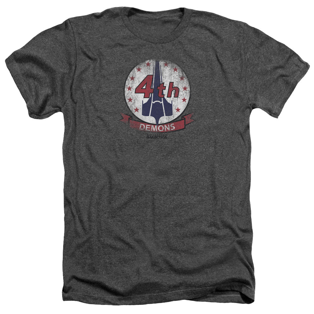 AN OFFCIALLY LICENSED BSG DEMONS BADGE MEN'S HEATHER T-SHIRT CHARCOAL