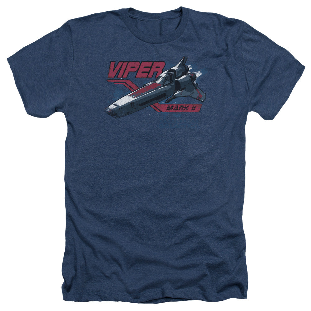 AN OFFCIALLY LICENSED BSG VIPER MARK II MEN'S HEATHER T-SHIRT NAVY
